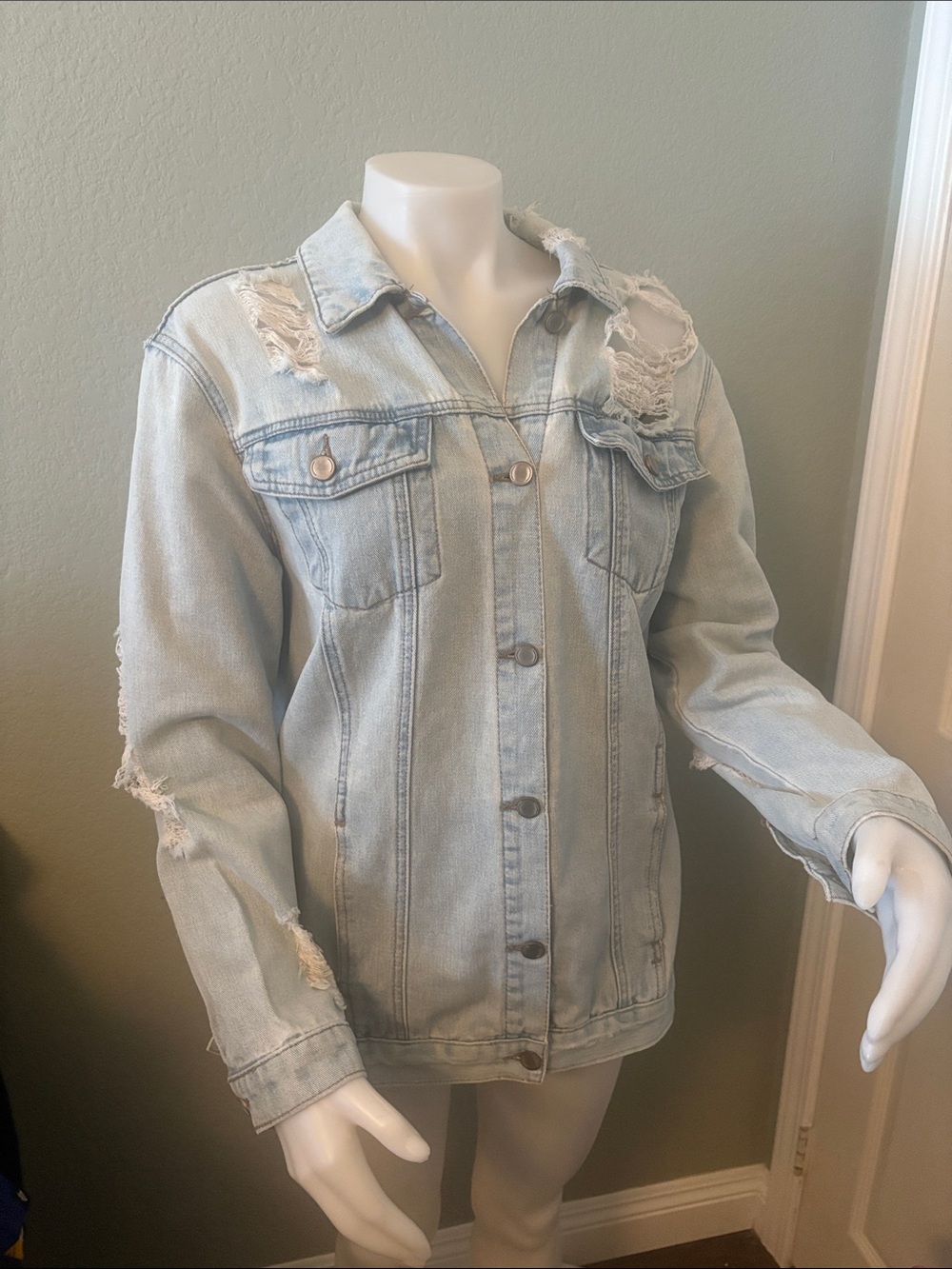 Fashion Nova Light Blue Distressed Denim Jacket